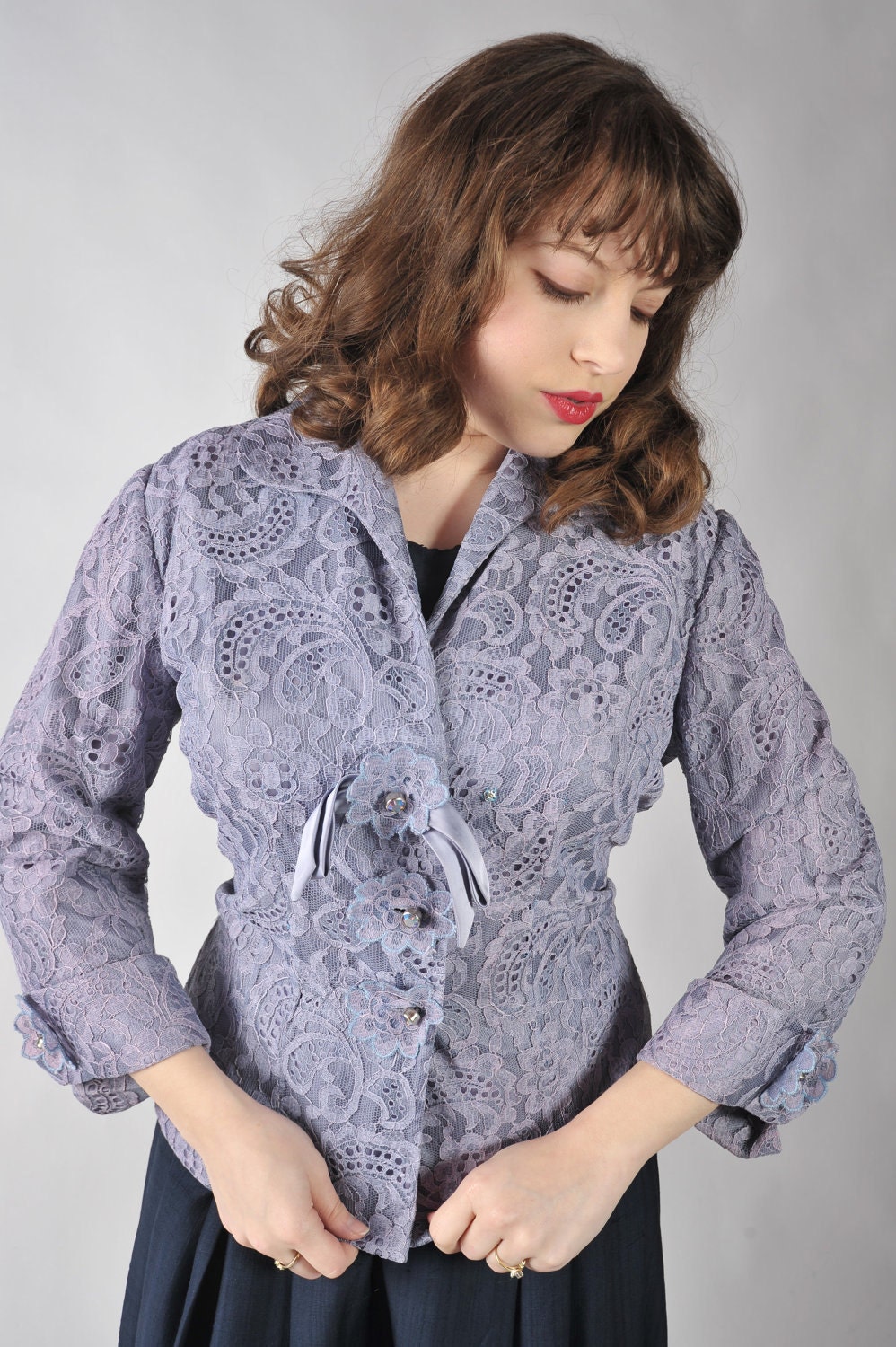 Vintage 1950s Jacket // Purple Lace Tailored Jacket with Rhinestone Buttons by Paul Sachs