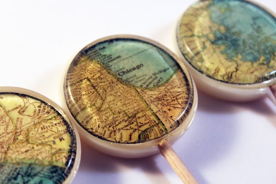 Sweet home vintage maps edible images hard candy lollipops -  2" lollipops - 5 pc. - MADE TO ORDER
