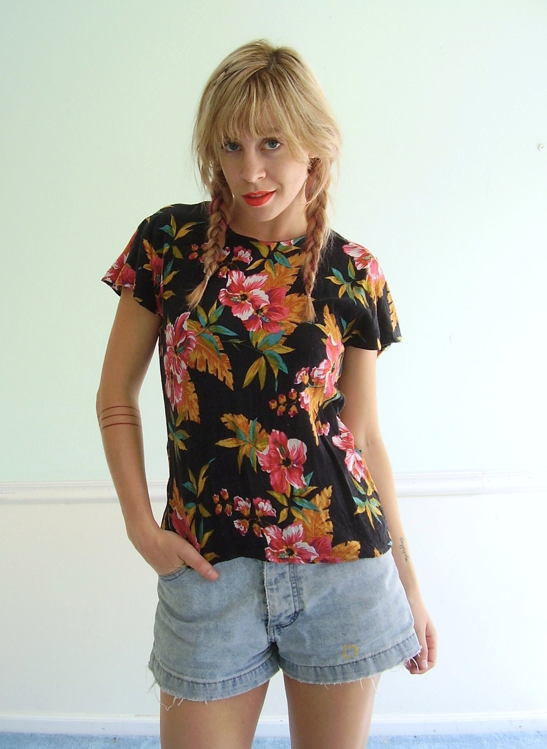 Tropical Floral Print Blouse - Vintage 90s - Back Buttoned - XS S