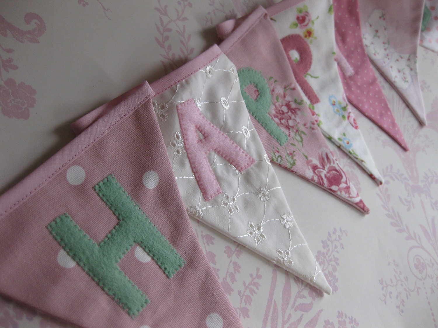 Happy Birthday Flag Banner Bunting with Bella Butterfly Pink and Green Custom made to order Birthday Party or Celebration or Photo prop Il_570xn
