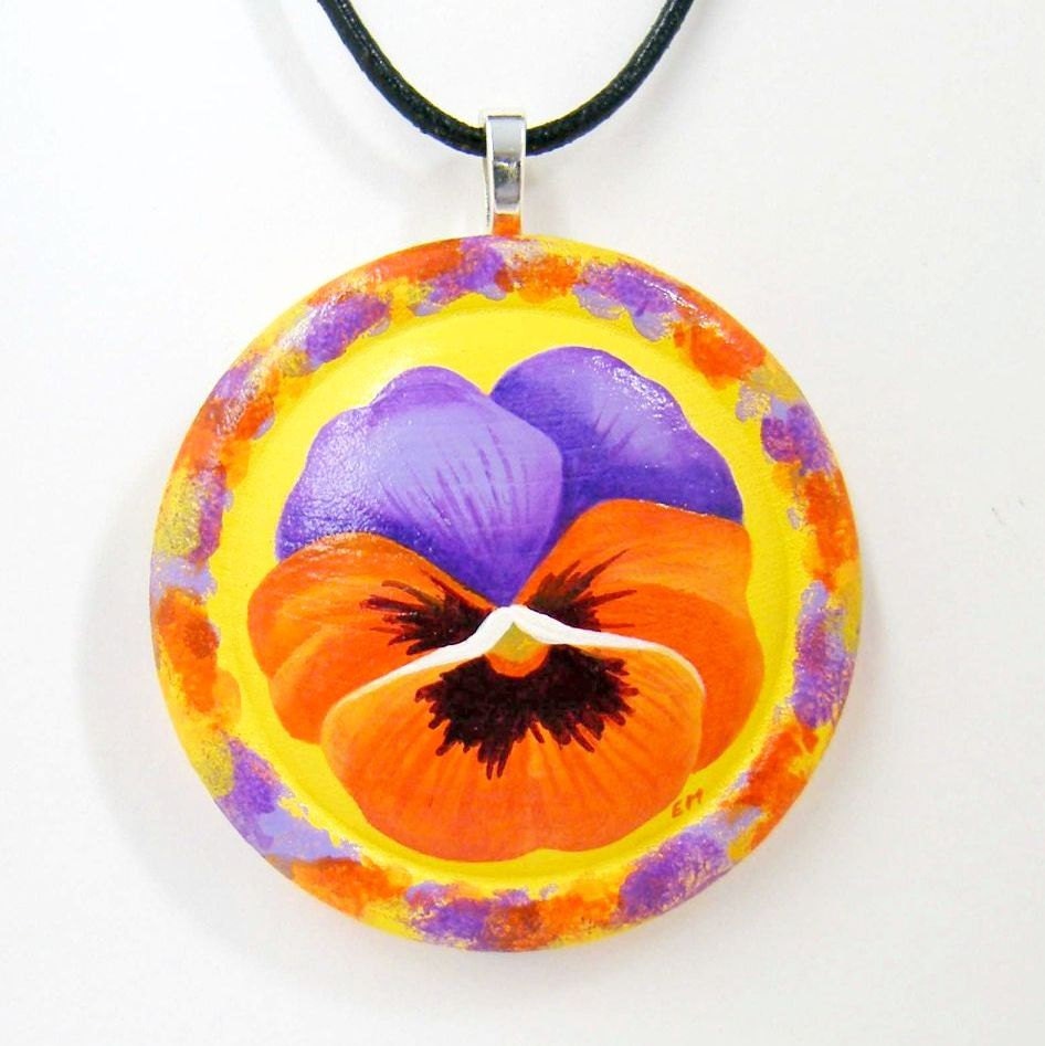 Purple & Orange Pansy On Yellow-Hand Painted Wooden Pendant Necklace