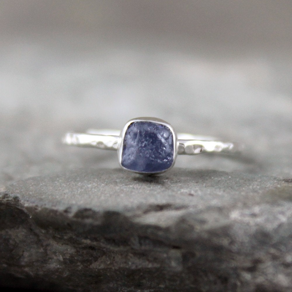 Uncut Raw Rough Blue Sapphire Ring - Sterling Silver Solitaire - Bezel Set - September Birthstone
