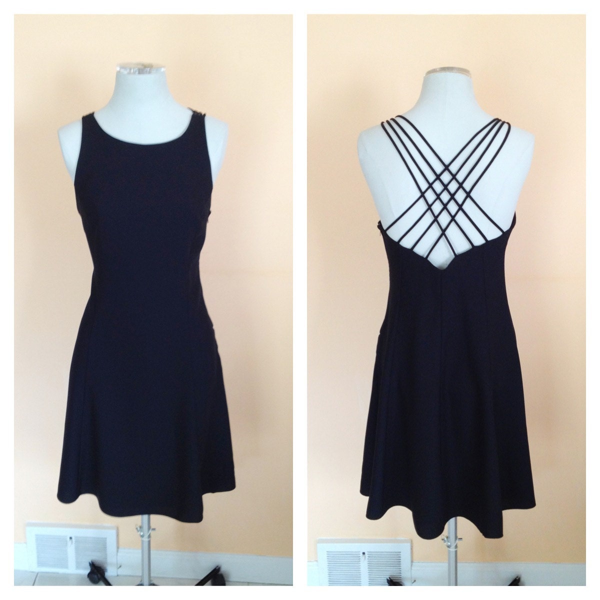 Vintage Little Black Dress. Classic. Criss-Cross Sexy Open Back. Date Night. Cocktail Dress. Short Dress. Scoop Neck. Size 5/6. 1980s.