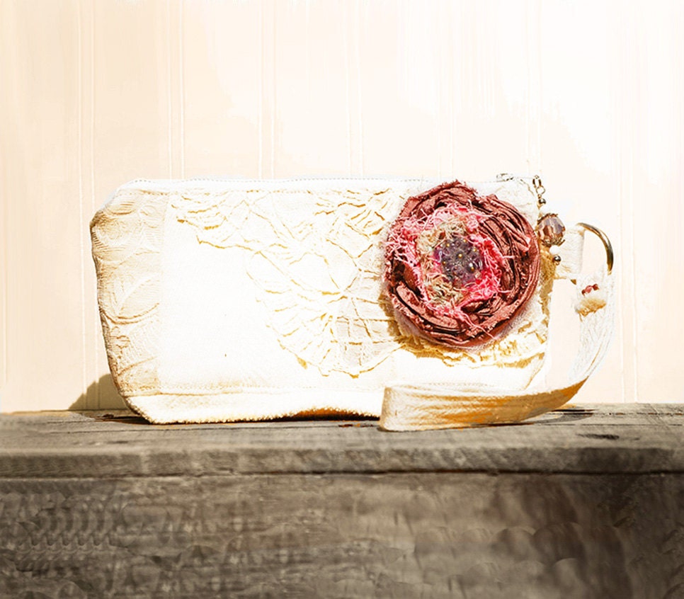 Berry a la Mode Keepsake Wristlet - off white cream dusty pink tattered silk rose - vintage lace zipper pouch ..shabby chic cottage