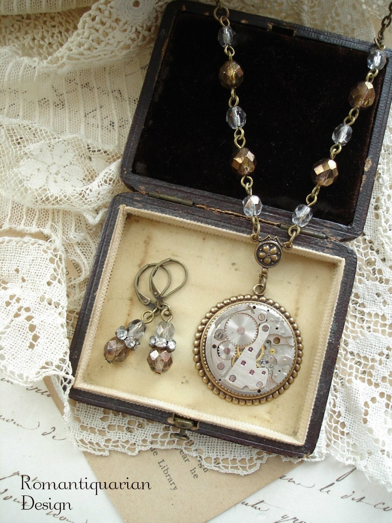 TIMELESS - Antique Pocket Watch Necklace. Steampunk Watch with 17 Ruby Jewels, Brass, Bronze, Silver. Vintage Assemblage Jewelry Set.