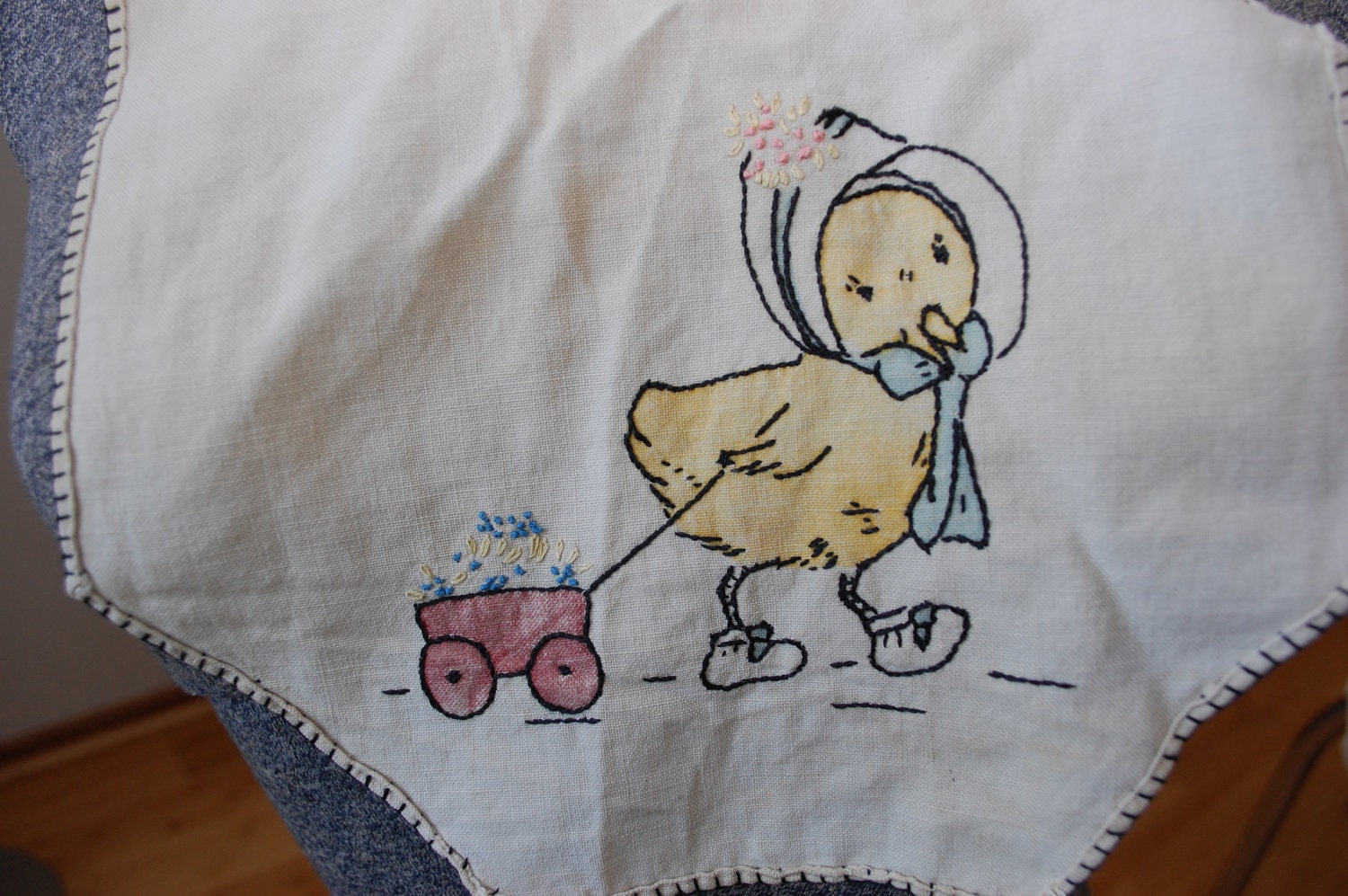 Vintage Linen Embroidered Baby Bib Chick with Wagon