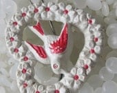 Beautiful vintage barrette heart shape, soft white with red highlights with bird