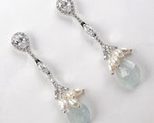 Bridal Jewelry Blue Wedding Earrings Aquamarine Long Dangle Earrings Gemstone Sterling Silver Pearl Cluster CZ Post Wire Wrapped