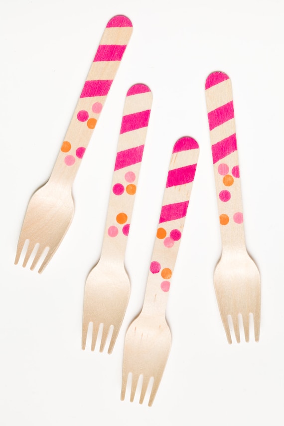 20 Wooden Utensils - Stripes And Polka Dots - Perfect Alternative To Plastic Utensils For Parties Il_570xn