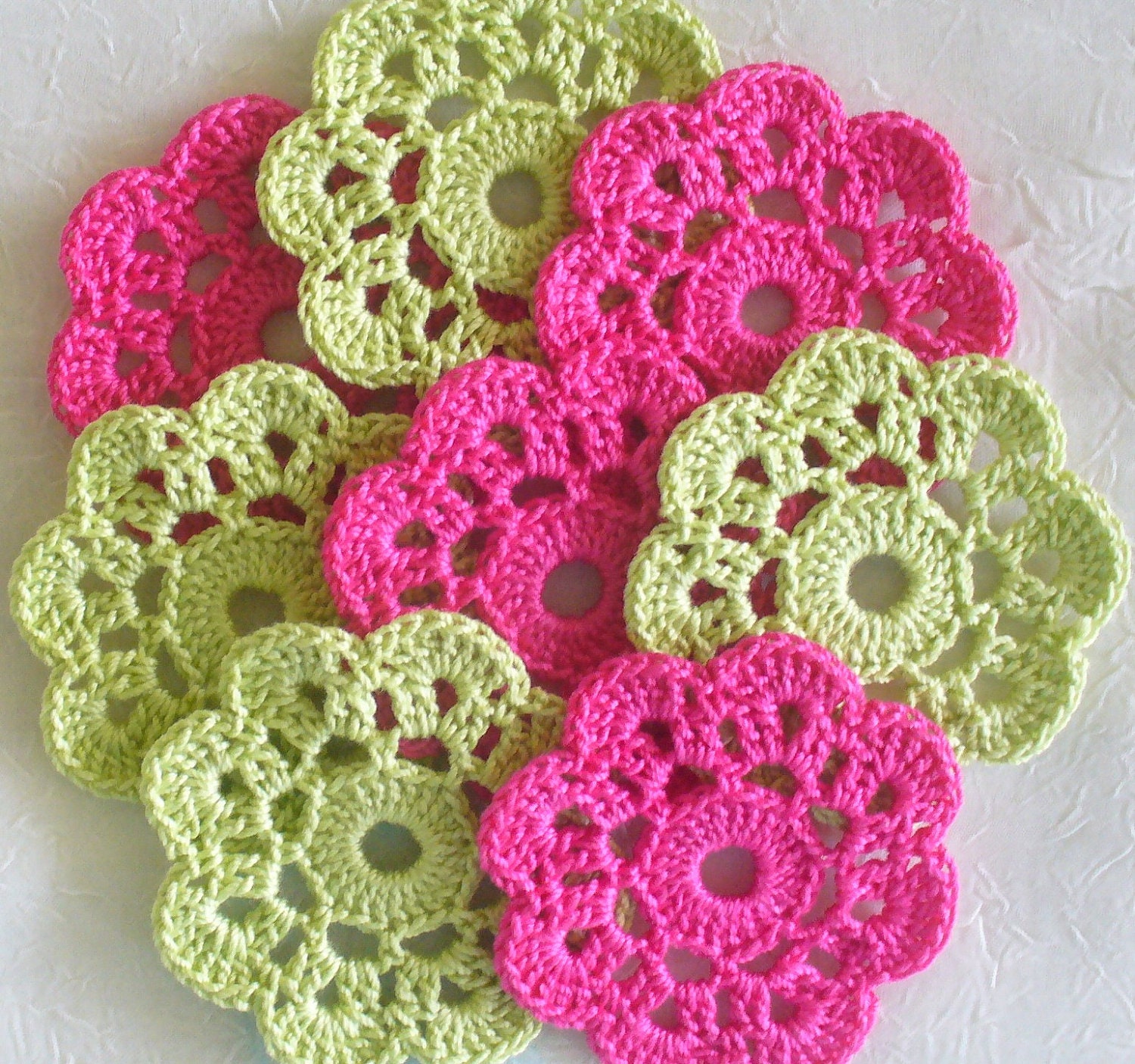 10 Appliques, Mini Doilies, Flowers, Handmade Embellishments, Hot Pink, Wasabi Green