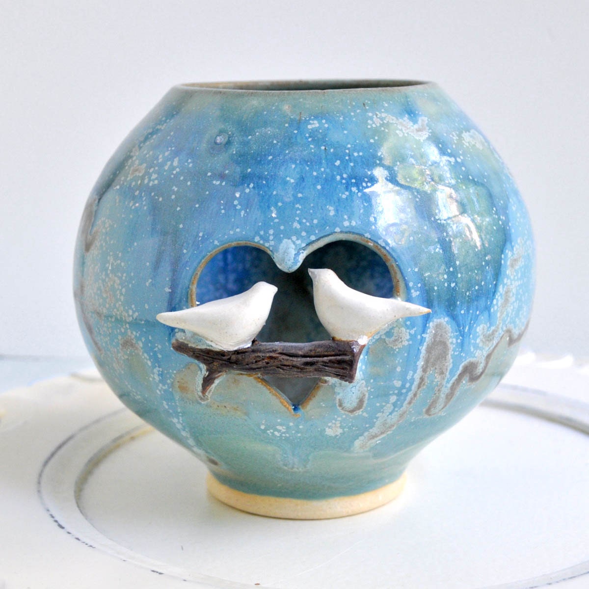 Ceramic Vase SECONDS Sale Love Birds Luminary Dove andmade pottery in Ice Crystal Blue