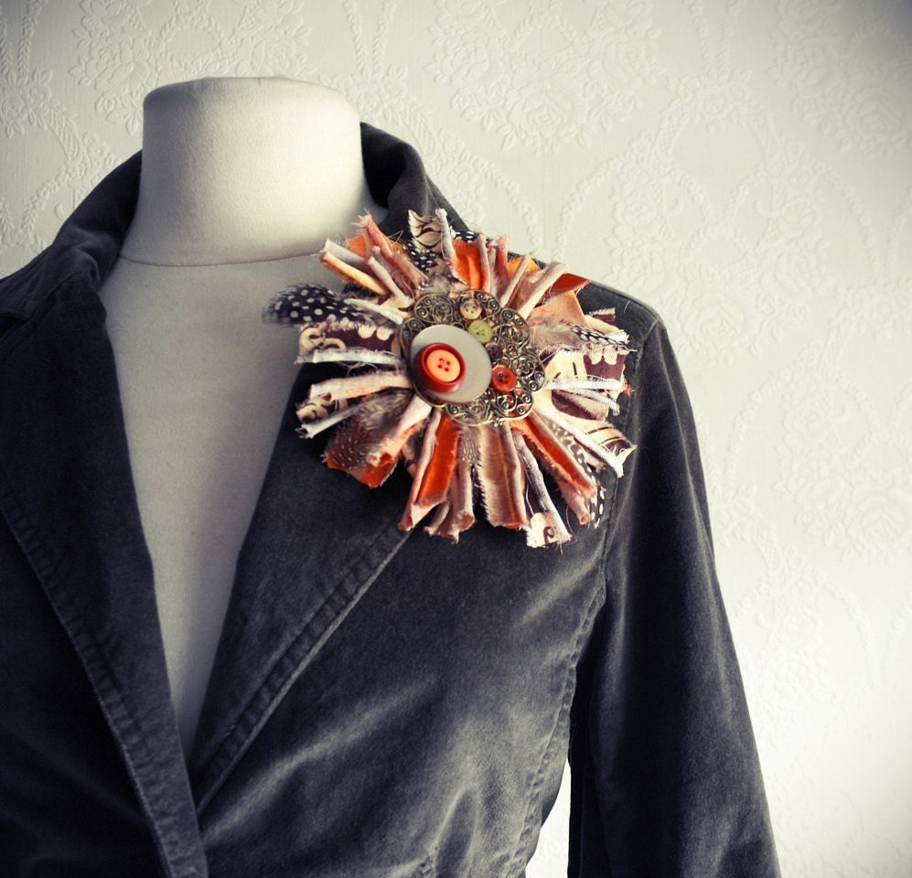 Burnt Orange Large Fabric Brooch Brown Boho Flower Lapel Pin Vintage Buttons Hat Pin Upcycled Jewelry Eco Friendly Black Friday Etsy