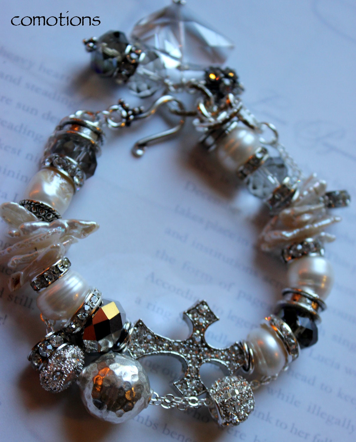 comotions sterling silver hammerd ball crystal cross keshi pearl pandora charm bracelet