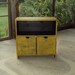 Distressed Mustard over Black Primitive TV Cabinet Storage bench Night Stand Antique Entertainment Media Center Mini Bar Wood