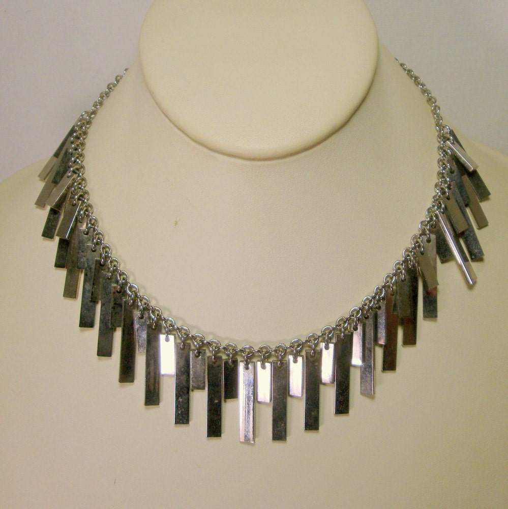 Silver Fringes Necklace, Geometry of The Dangling Rectangle, Silver Slivers on a Chain, Magnet Catch, Easy on and off, 1980s
