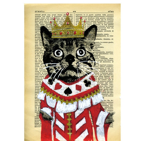 Cat Art Illustration - Hand Painted Original Work on 1920s Vintage Italian Dictionary - Mixed Media Painting