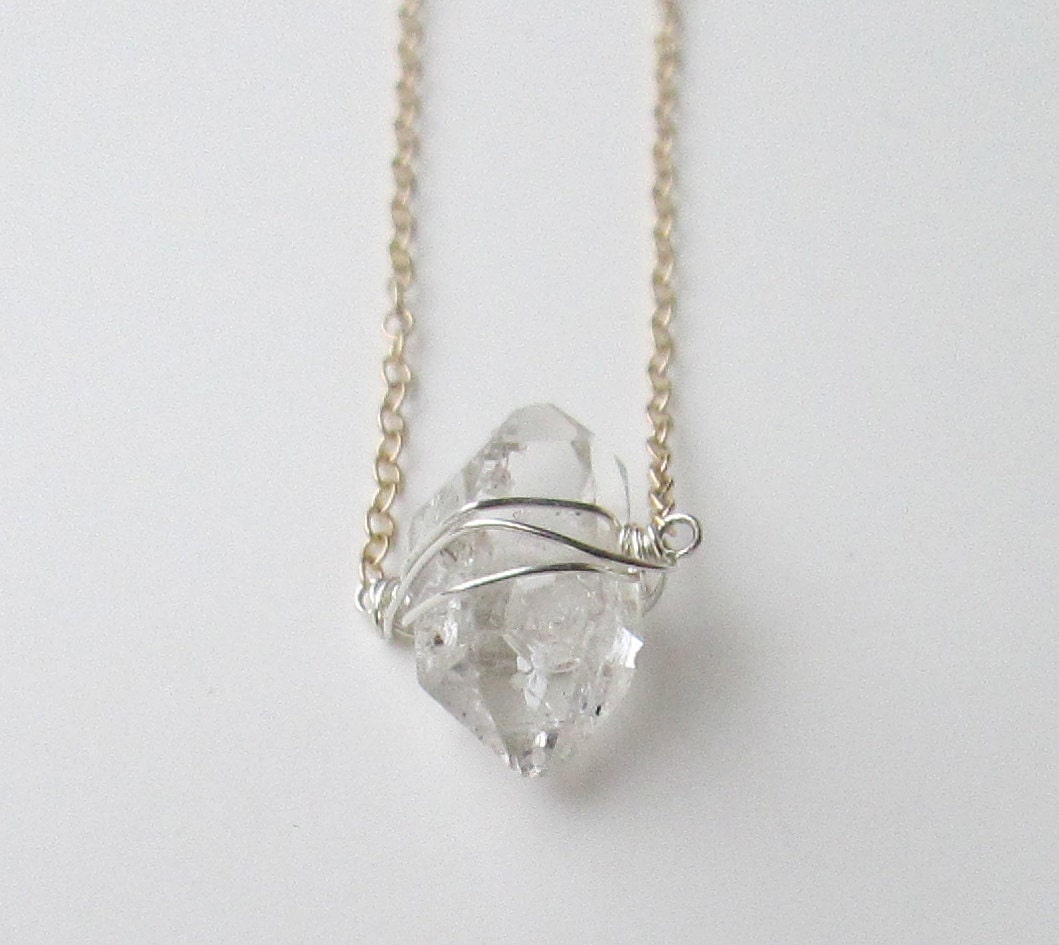 Herkimer Diamond Pendant. Double Pointed Quartz. Mixed Metal. Dainty. 14K gold Fill. Sterling Silver.