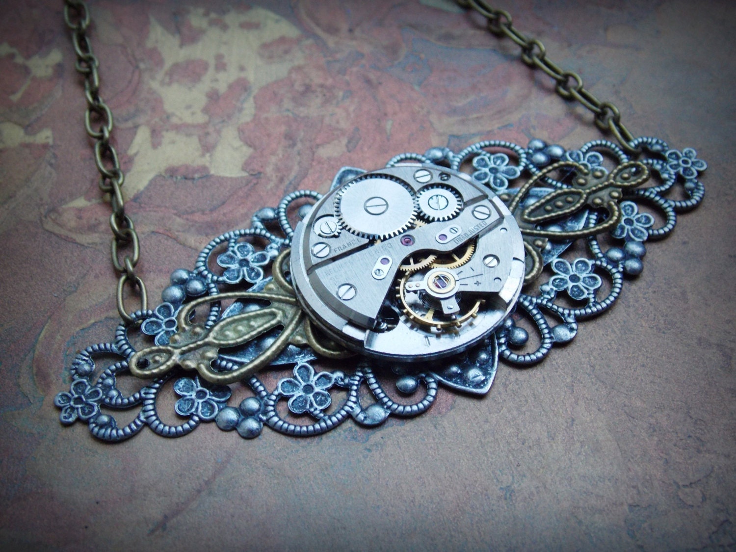 Steampunk Jewelry Large Filigree Necklace Clockworks Vintage Watch Movement