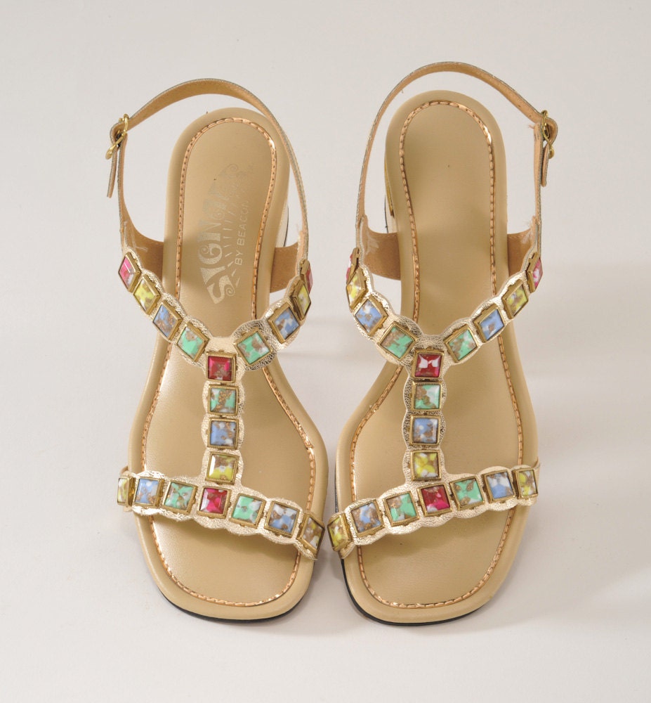 Vintage 1960's Mod Gold Sandals Mosaic Rhinestones Heels