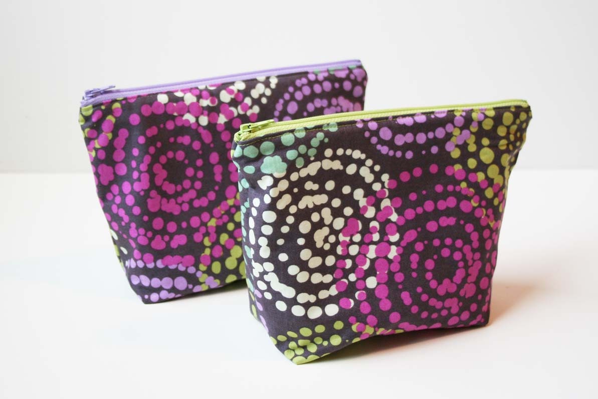 Zipper Pouch Cosmetic Bag - Purple, Green, Multi Polka Dots, Circles - READY TO SHIP