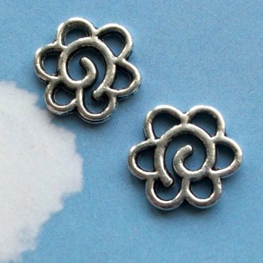 20 swirly floral connectors or charms, six holes, shiny silver tone, 14mm, SALE