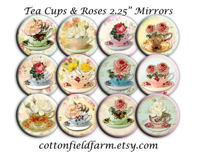 Tea Cups and Roses Wedding Bridal  Mirrors 2.25 Inch for Shower, Wedding or Birthday Favors Set of 12