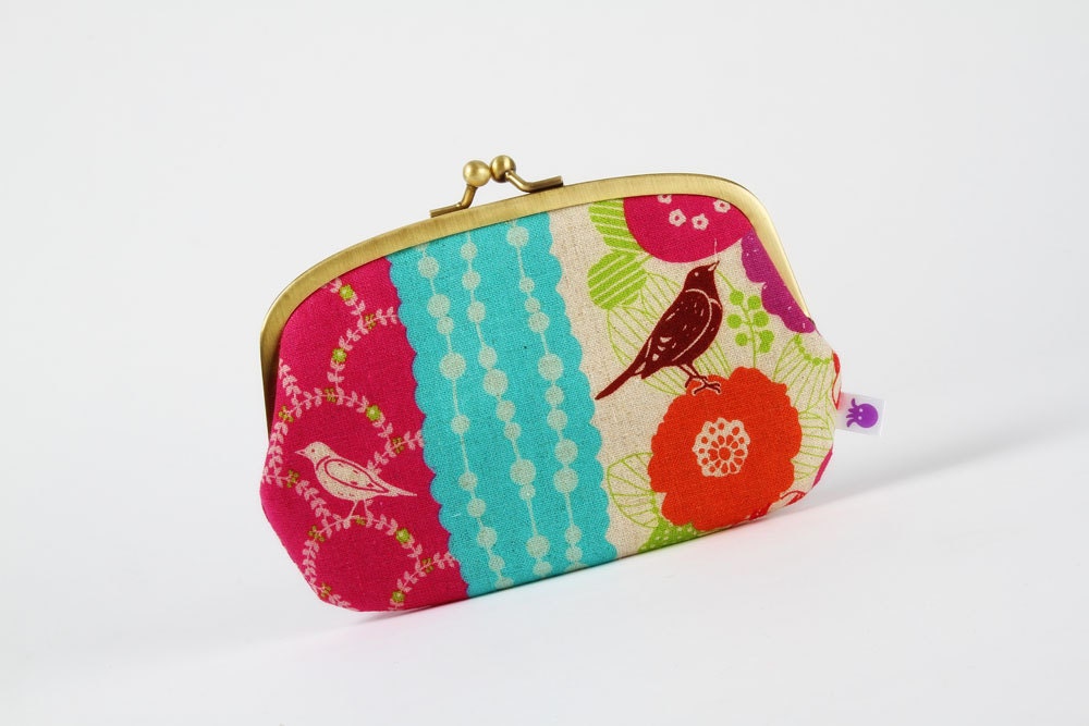 Big siamese - Echino floral stripes in pink and purple  - double metal frame purse