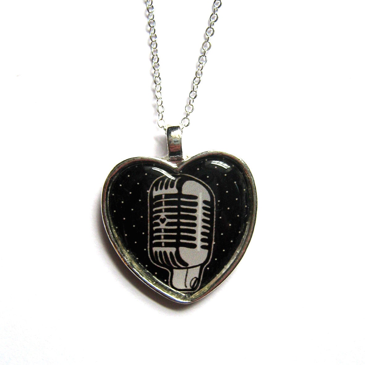 Tattoo Necklace with 50s Microphone Illustration in a Metal Heart  from the 'Sweet Hearts' Collection by Dolly Cool