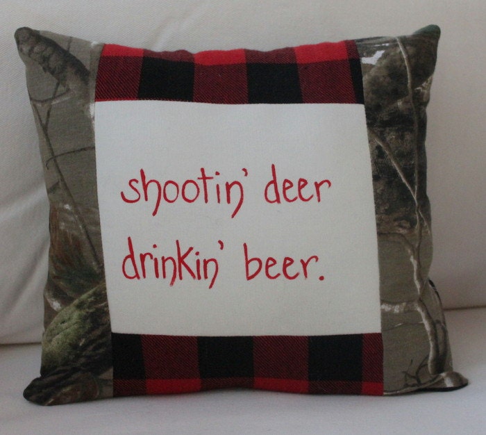 Fathers Day Gift - hunting and drinking theme  hand painted camo pillow