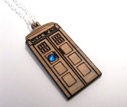 Police Box Pendant - Bamboo w/ Tardis Blue Swarovski Crystal and Silver Plated chain - ready to ship