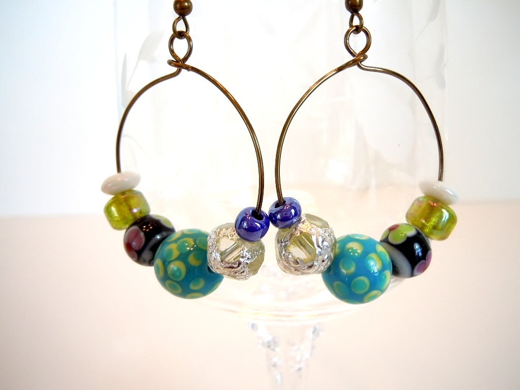Handmade Hoop Earrings In Blues by Debbie Renee, Boho Style Earrings With  Bright Lampwork Glass Beads