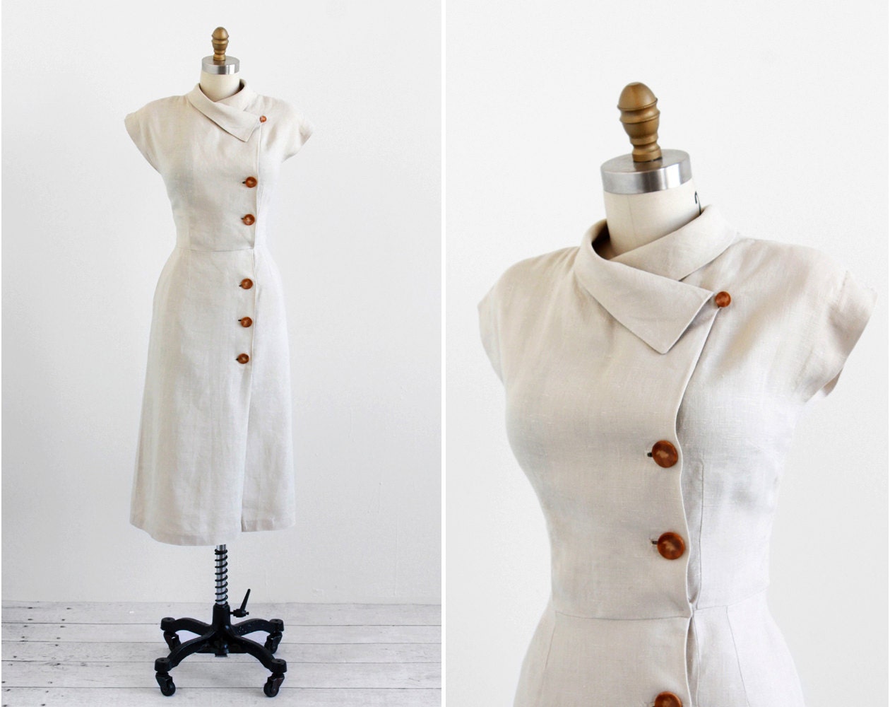 vintage 1940s dress / 40s dress / Natural Linen Wiggle Dress with Asymmetrical Collar