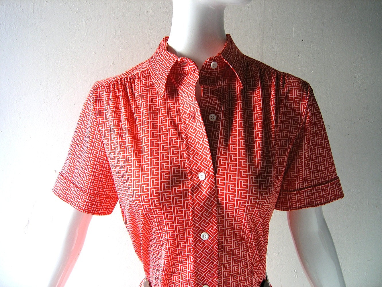 60s Balmain red nylon logo shirt dress - size 4/6/8 - Mad Men Megan designer chic - summer elegant