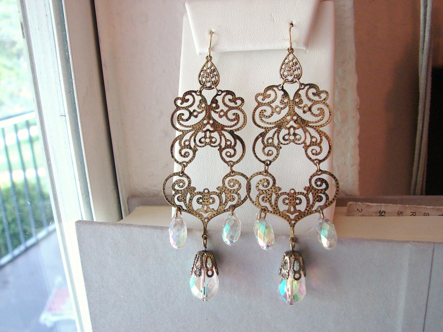Nouveau/ filigree/ vintage style brass dangle earring with crystals