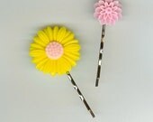 2 Bobby Pins, Sunflower & Mum, Yellow Sunflower and Pink Mum FREE USA SHIPPING