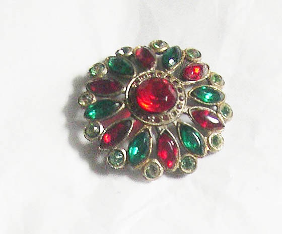 Vintage Brooch with Red and Green Rhinestones