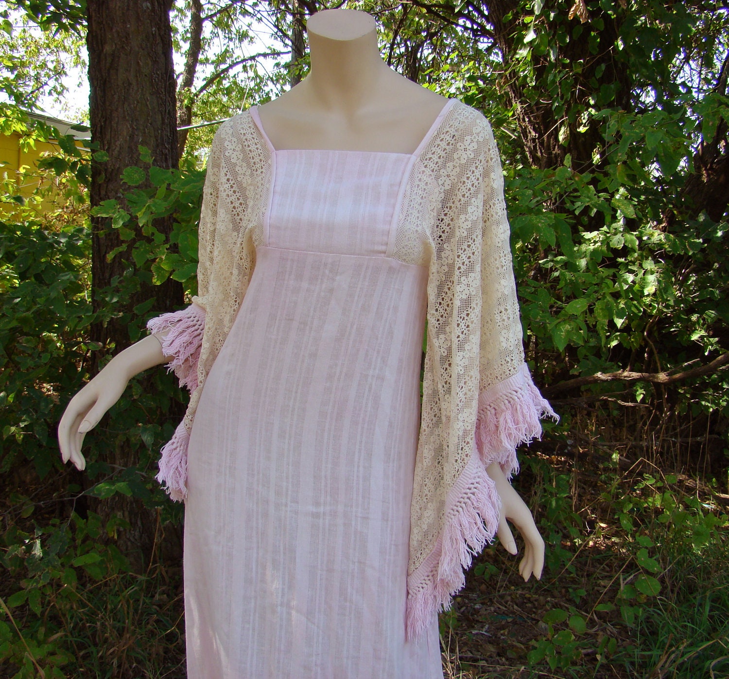 Pink Angel Dress- 1960's Boho Vintage- Lace Sleeves & Maxi Length- Handmade Bell Sleeves