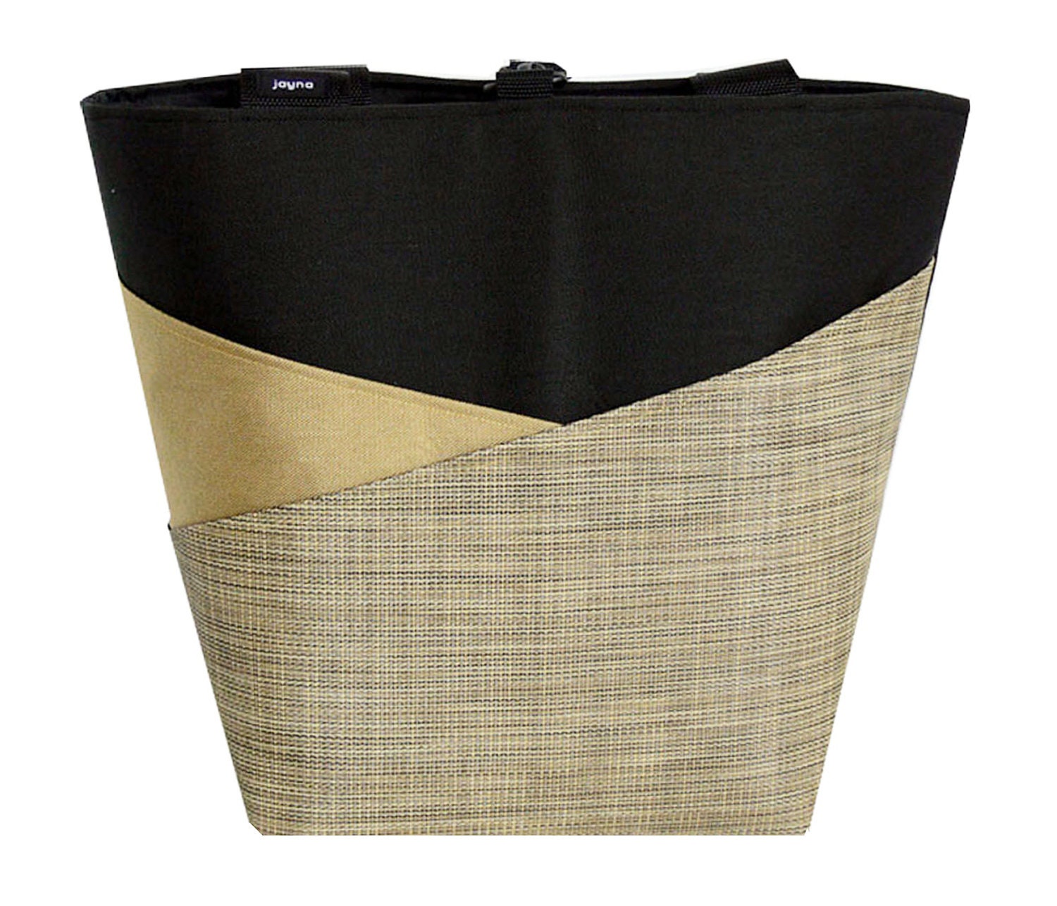 LARGE TOTE BAG for Laptop/Travel/Gym/Teacher/Tennis/Yoga/Shopping/Books/Swimming/Beach/Diaper/Knitting in Gold, Black & Burlap Angled Pocket