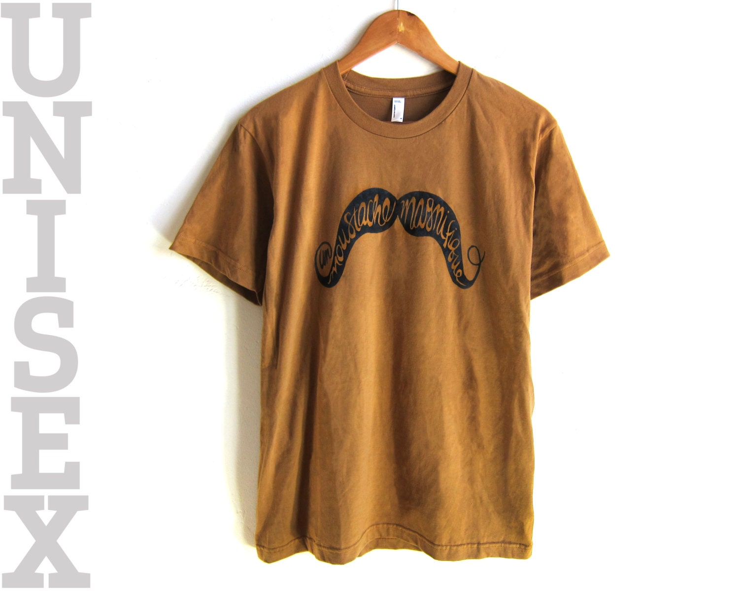 UNISEX - Un Moustache Magnifique - Hand Stenciled Crew Neck Tee in Rust and Black - XS S M L XL 2XL 3XL