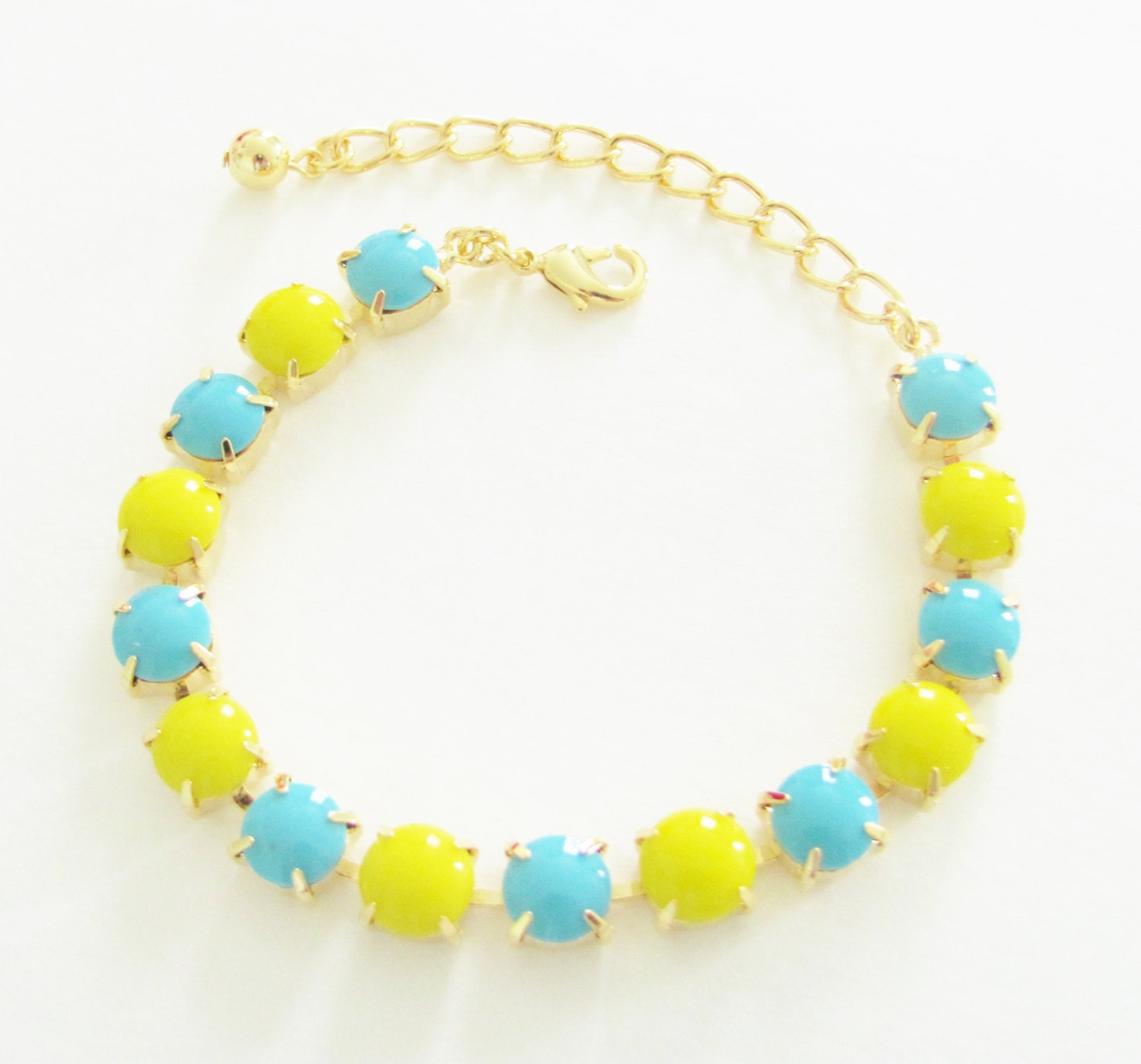 Turquoise and Yellow Jewel Gold Chain Bracelet - Turquoise Blue Swarovski and Opaque Yellow Glass Jewel Chain Bracelet