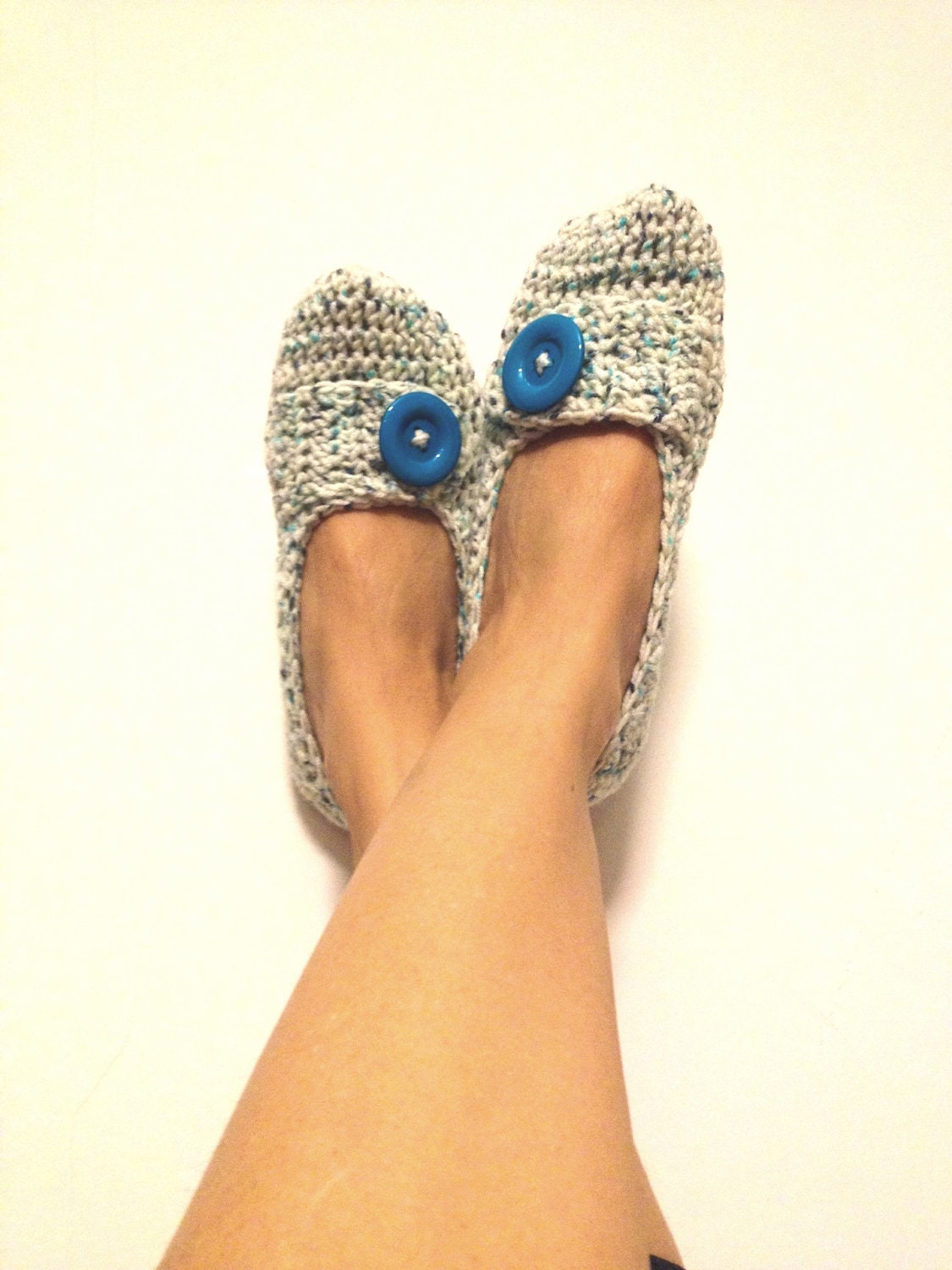 White Blue Tweed Crochet  Womens Slippers, Ballet Flats, House Shoes