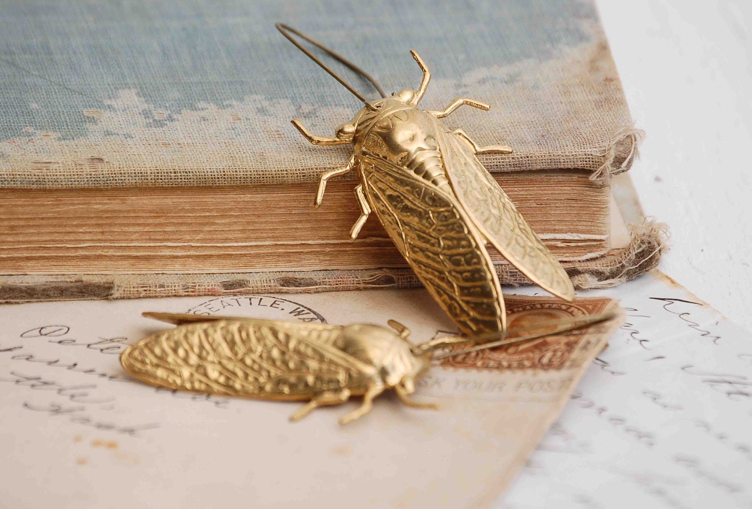 GOLD Beetle EARRINGS Nature Study Victorian Cicada Summer