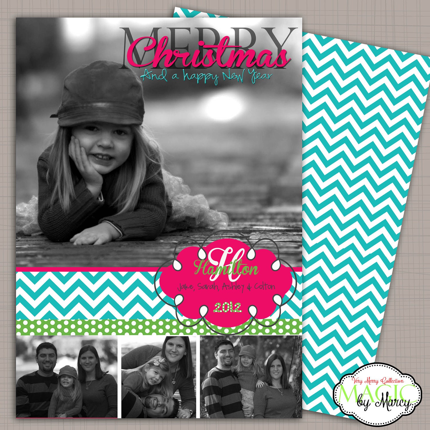 Pop of color Chevron Monogram Doublesided Christmas Photocard Il_570xn
