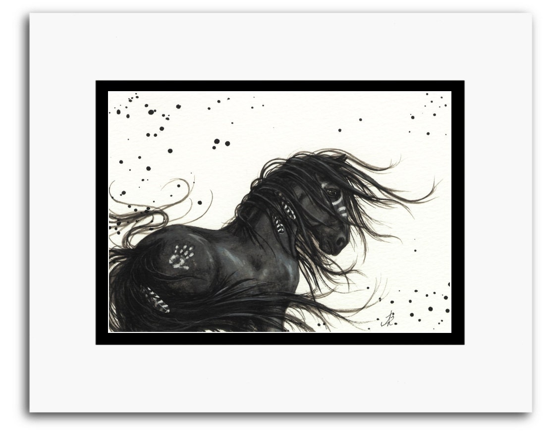 Majestic Friesian Horse Feathers Paint Native American Art - AmyLyn Bihrle - Matted 5x7 Original