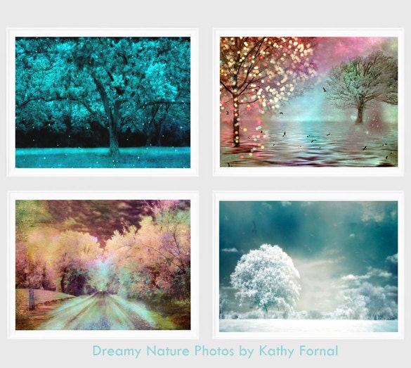 Nature Photography, Dreamy Aqua Teal Pink, Sparkling Twinkle Lights Trees, Set of Four Fantasy Nature Photos Wall Art 5" x 7"