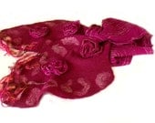 Nuno felt scarf. Wool silk chiffon scarf. 3D silk flowers. Spring Shawl. Gift for her. Maroon burgundy.