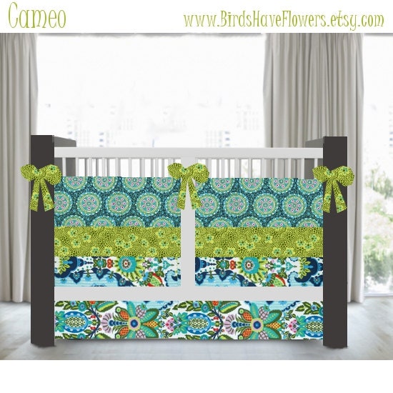 Custom baby bedding in Cameo includes crib skirt , fitted sheet and bumper set