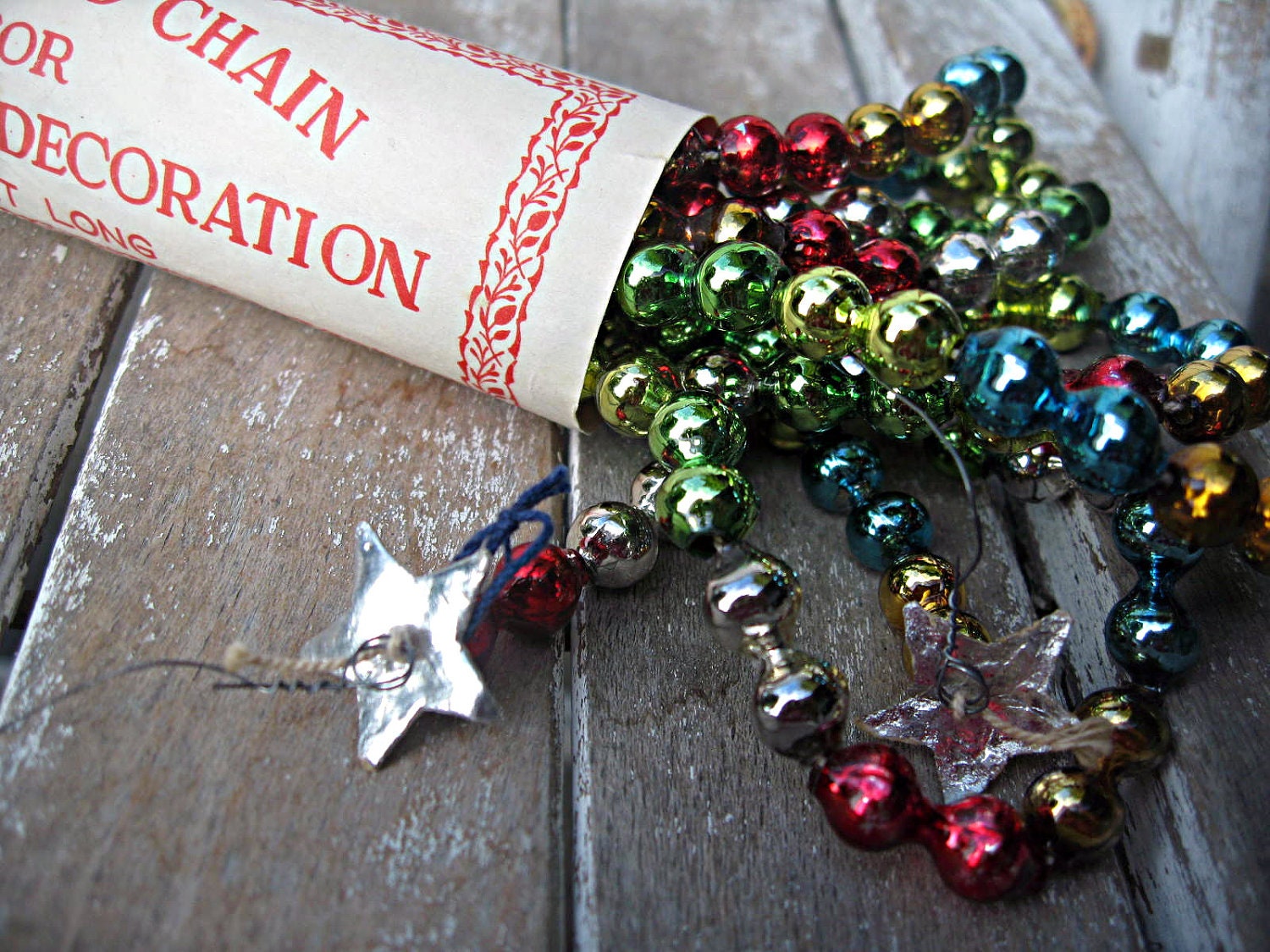 Vintage glass Christmas bead garland, 9 ft. long, NOS, beautiful colors