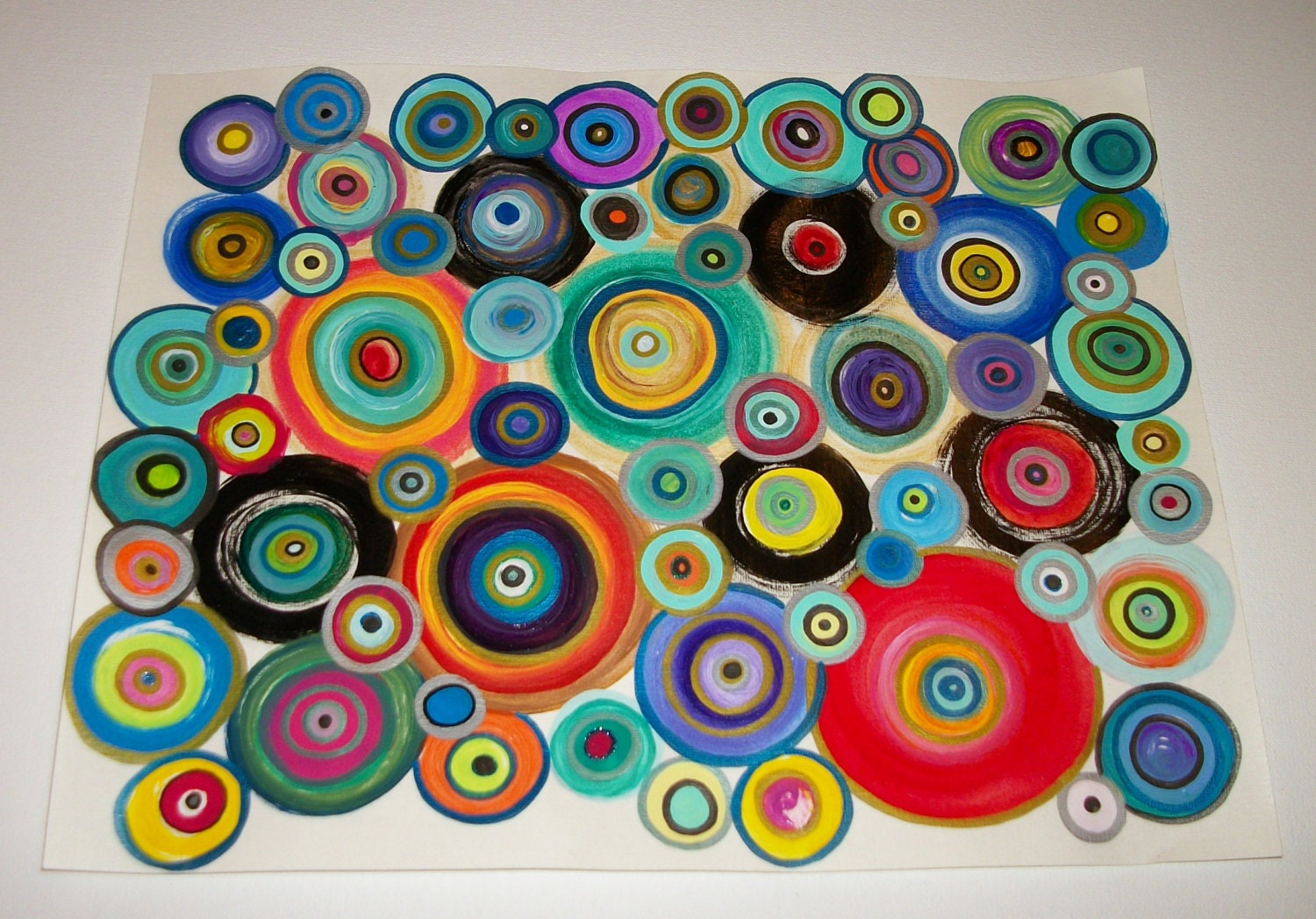 Abstract Circles Original Acrylic Painting and Ink on Canvas Paper 11x14inches Whimsical Fun Color Original