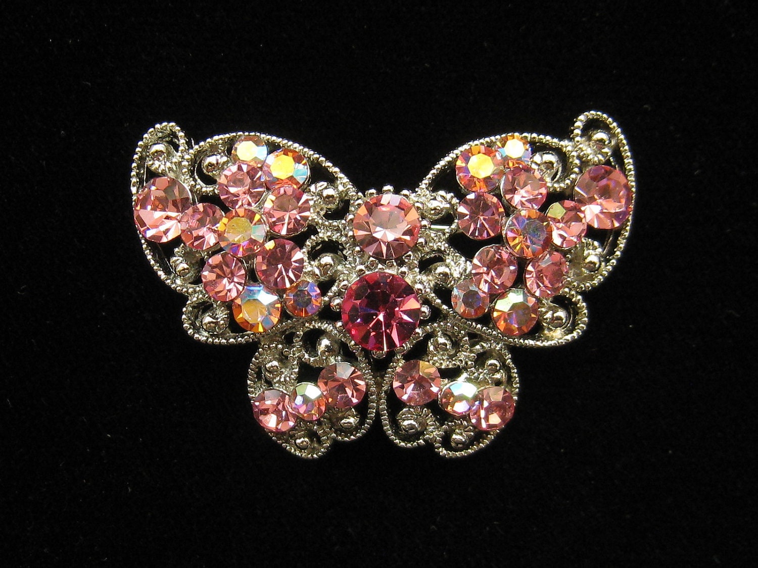 Vintage Pink Rhinestone Butterfly Pin Aurora Borealis 1970s